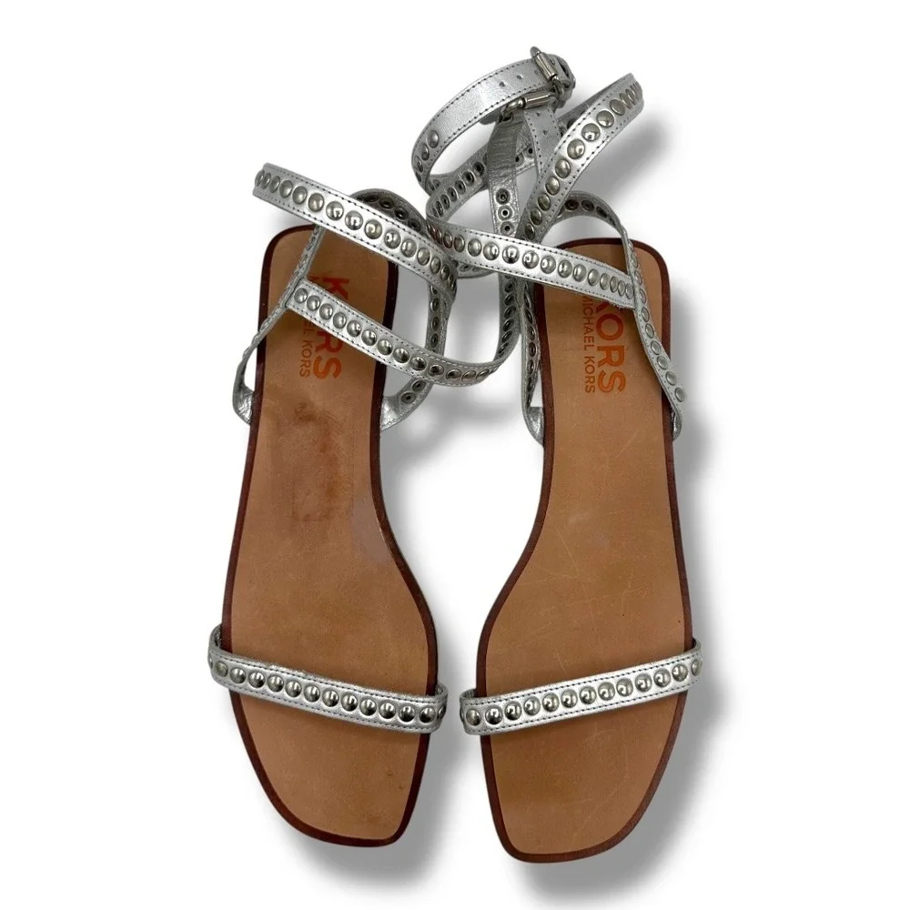 MICHAEL KORS Silver Studded Ankle Strap Flat Sandals Women's‎ Size 9